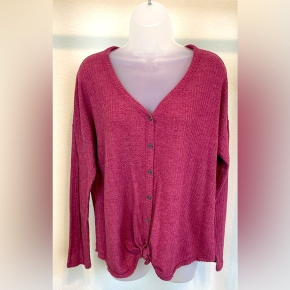 Mudd Women’s Long Sleeve Shirt Large Pink Stretch Waffle Knit Contemporary - Picture 4 of 9